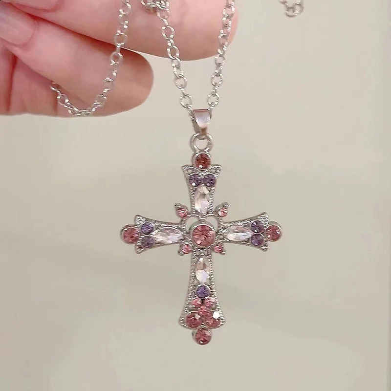 Fashion Gothic Pink Cross Necklace For Women Charm Y2K Red White Rhinestone Metal Choker Chain Trendy Unique Jewelry Gifts 250915