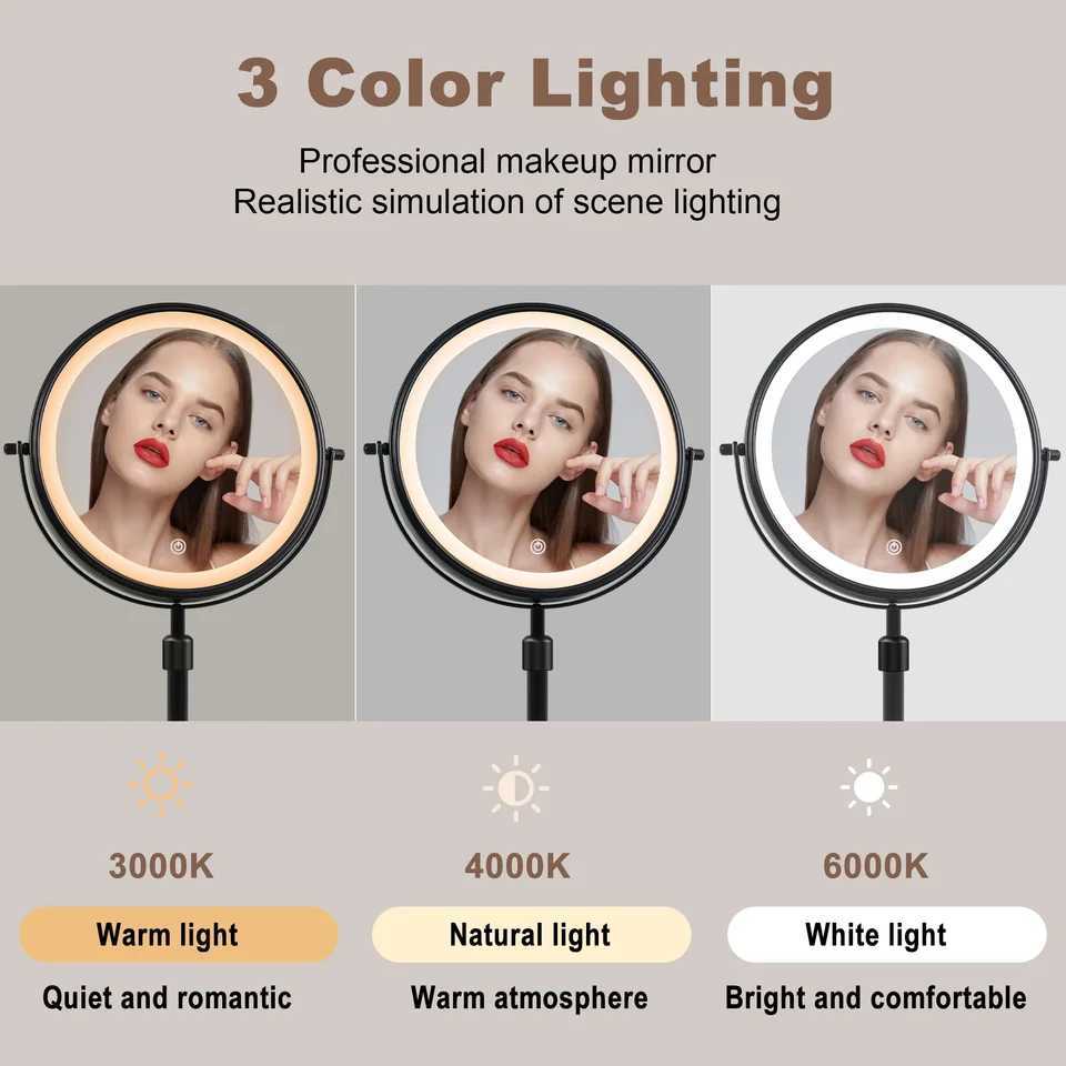 85 Inch Makeup Mirror With Light Lamp 10X Magnification 3 Color LightsAdjustable Brightness Height Standing Cosmetic Mirror C250916