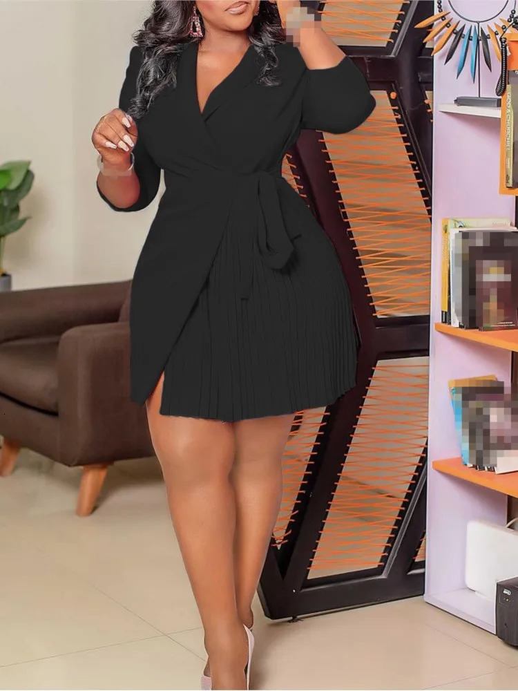 Women Solid Plus Size Folds Dress Neck Pleated Blazer Style Dress Office Vintage Sexy Lady Belt Party Tight Curvy Short Dress 250915