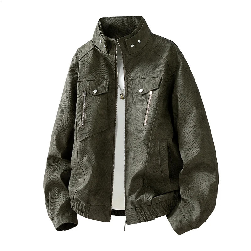 Mens Faux Leather Snake Skin Jacket StandCollar Zip Front Hidden Pockets Classic Look for Daily Office Commute 250916