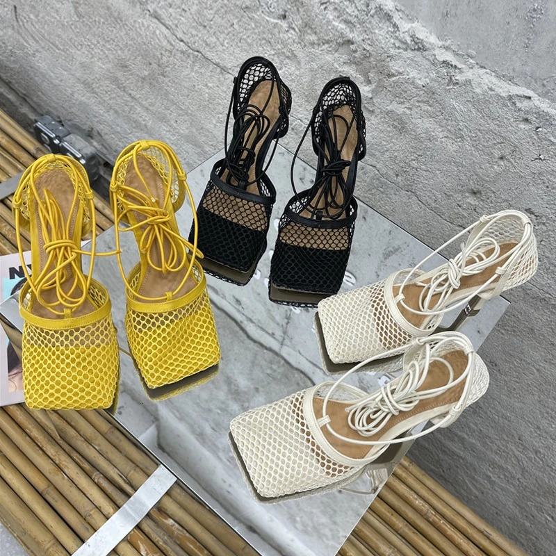 Summer Sexy Yellow Mesh Pumps Sandals Female Square Toe High Heel Lace Up tied Stiletto Hollow Dress Shoes 250915