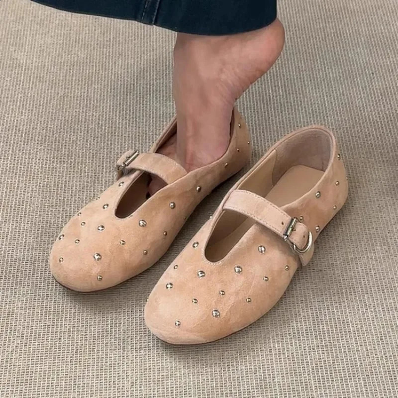 Summer Mary Jane Shoes for Women Fashion Rivet Suede Classic Retro Brown Casual Soft Bottom Comfortable Ladies Flats 250916