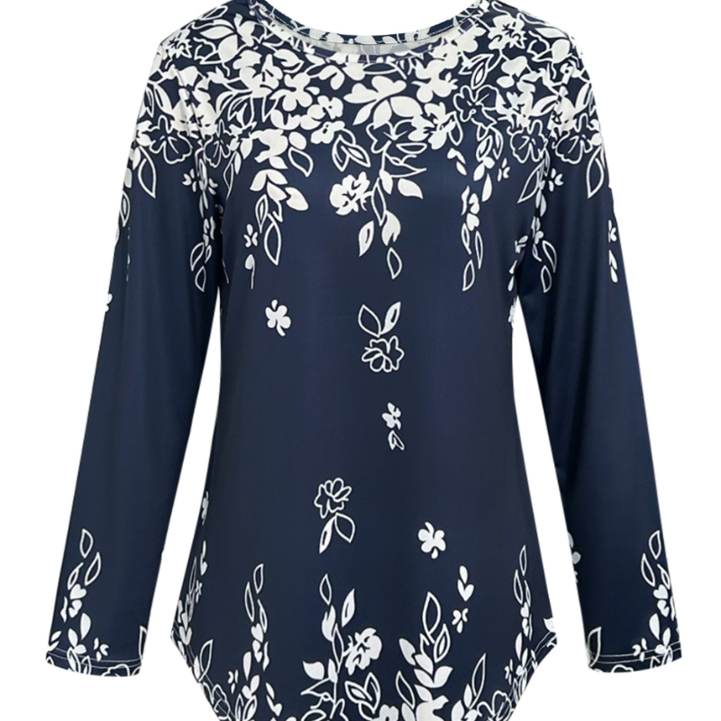 Autumn New Women's Floral Printed Round Neck Long Sleeve Top Casual Fashion Navy Blue Plus Size Blouse CF41360