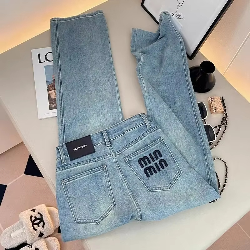 High Waist Slimming Loose Fit Light Blue Straight Leg Denim Jeans Women's Elastic Embroidered Letter Narrow Version Autumn New S