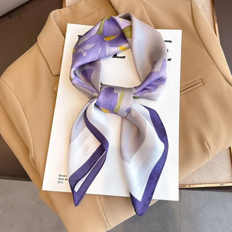 Purple Floral Print Silk Square Scarf Women Soft Satin Hairband Hands Bag Ribbons Foulard Neckerchief Headband Hijab 250915