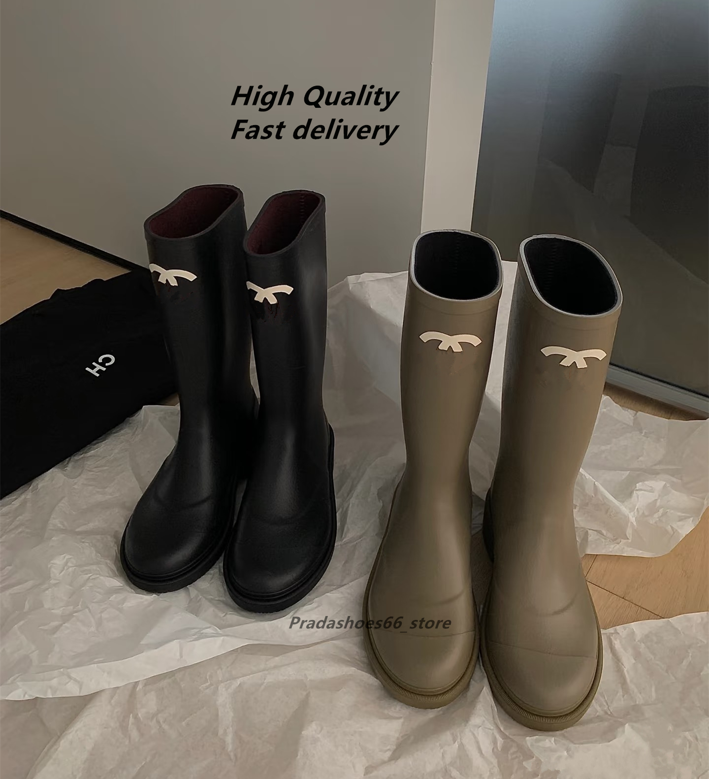 New Thick Bottom English Style Chelsea Martin Rain Boots Shoes chan Fashion Luxury designer combat Shoes Women Mid Knee Short Boots ch bottes cd Rainboots wellie