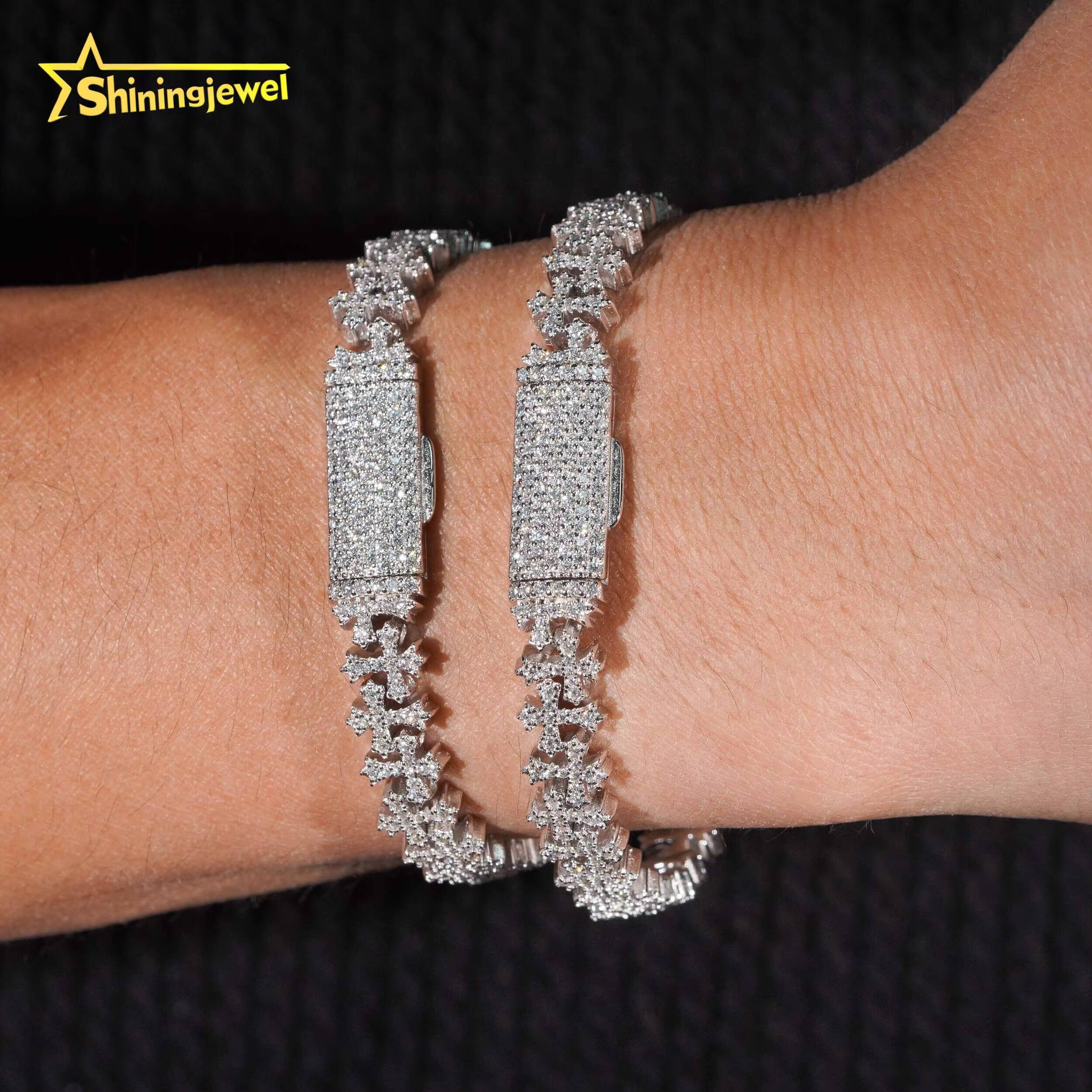 8mm Iced Out Moissanite Cross Bracelets in 925 Silver Micro Pave Diamond Cut Design Unique Custom for Couple