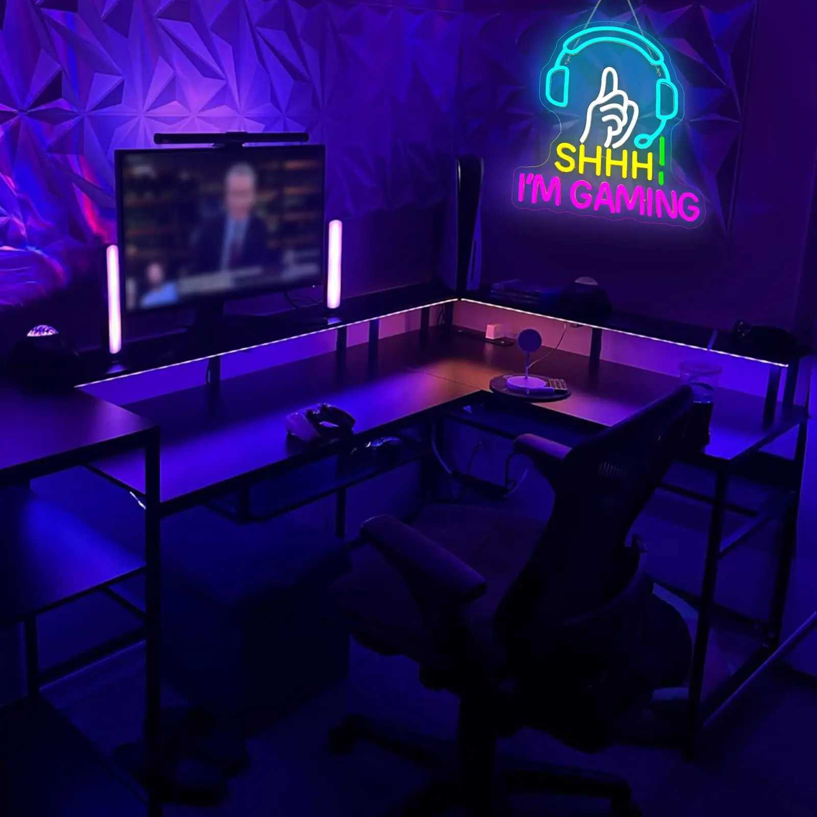 Shhh Im Gaming Neon Sign LED Wall Light with Headset Finger Gesture Design Gamer Room Neon Decor for Bedroom Game Room Gift Y250916