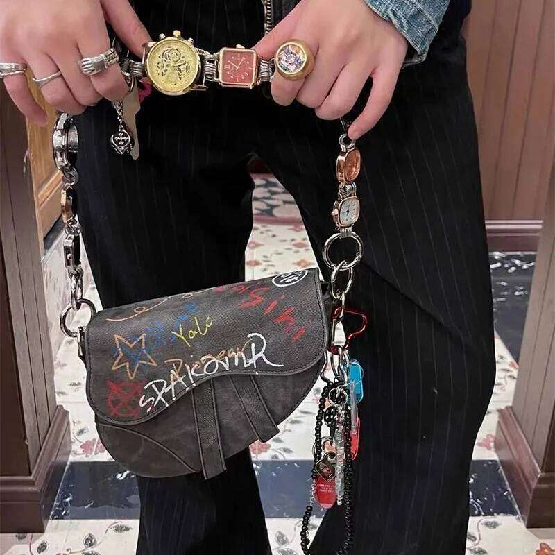 Hand-painted Graffiti Saddle Unique Artistic Crossbody Shoulder Bag Women Purse Boho Chic Handbag Watch Strap Not Included