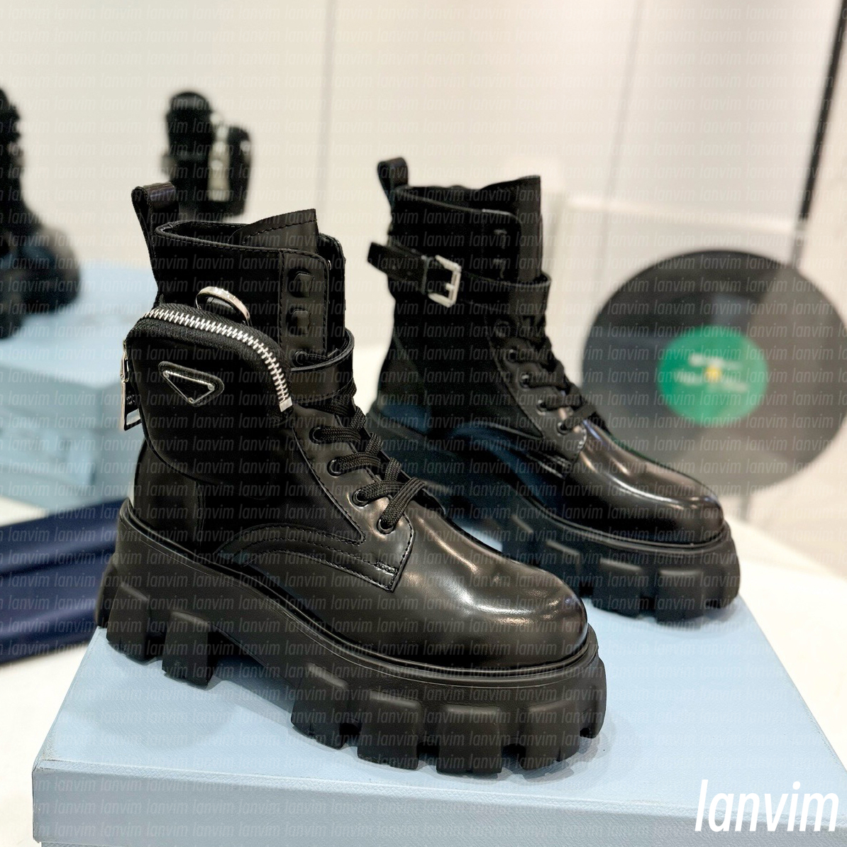 Designer Boots Monolith White Leather Nylon Pouch Ankle Combat Boots platform Wedges Lace-Up Round Toe Block Heels Flat Booties Chunky Luxury Women factory footwear