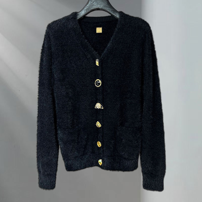 Luxury Y2K Designer Vintage Loose Women's Black Long Sleeve Cardigan V-Neck Shoulder Pads Metal Buttons Sweater Coat Paris Runway Fall New Fashio