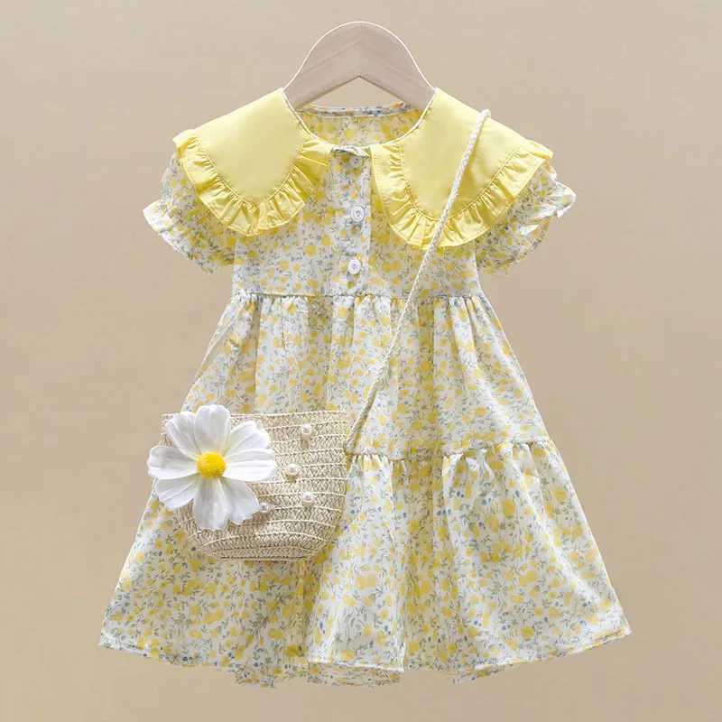 2PCS Summer Yellow Floral Child Little Girls Clothing Casual Midi Dress Bag Children Dresses For Teens Party Princess Sundress C250916