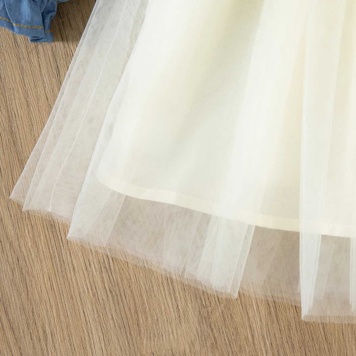 Spring Long Sleeved Dress Girl Denim Blue Dress Fake Two Pieces Tutu Dress For Kids Send Bow Belt C250916