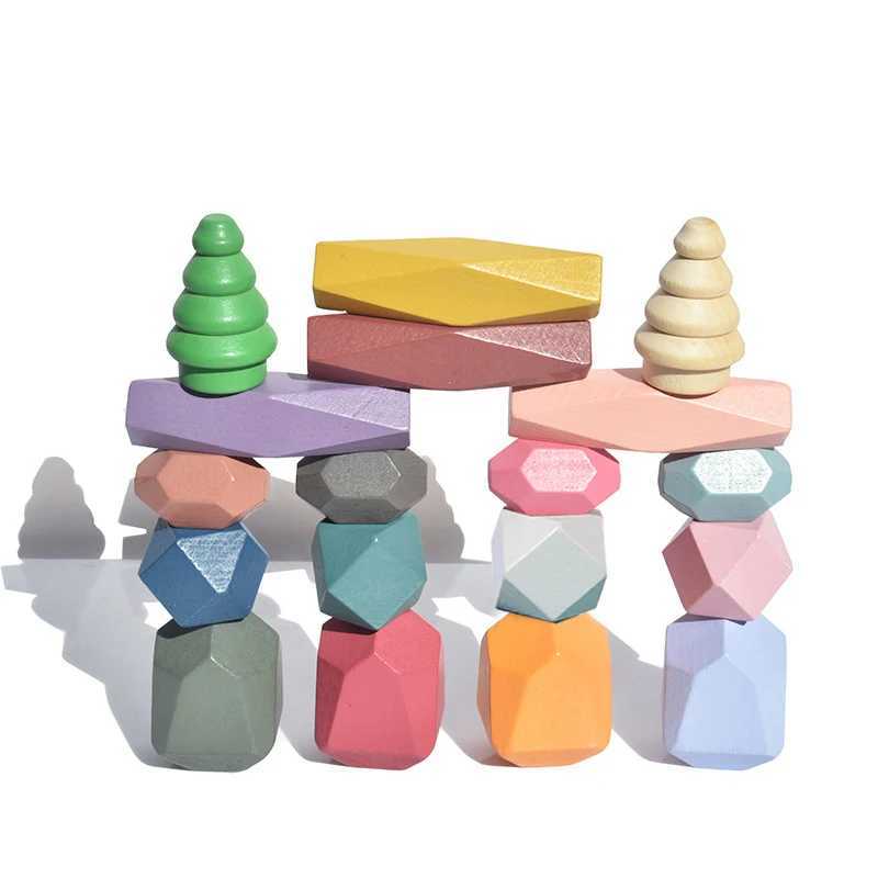 18 Pcs Wooden Stacking Rocks Building Blocks Colored Solid Wood Stones PreSchool Educational Games Toys for Kids Toddlers C250916