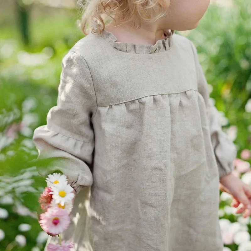 Autumn Rustic Style Girls LongSleeved Linen Dress 2025 New Childrens Wooden Ear Collar Back Ties Casual Loose Princess Dresses C250916