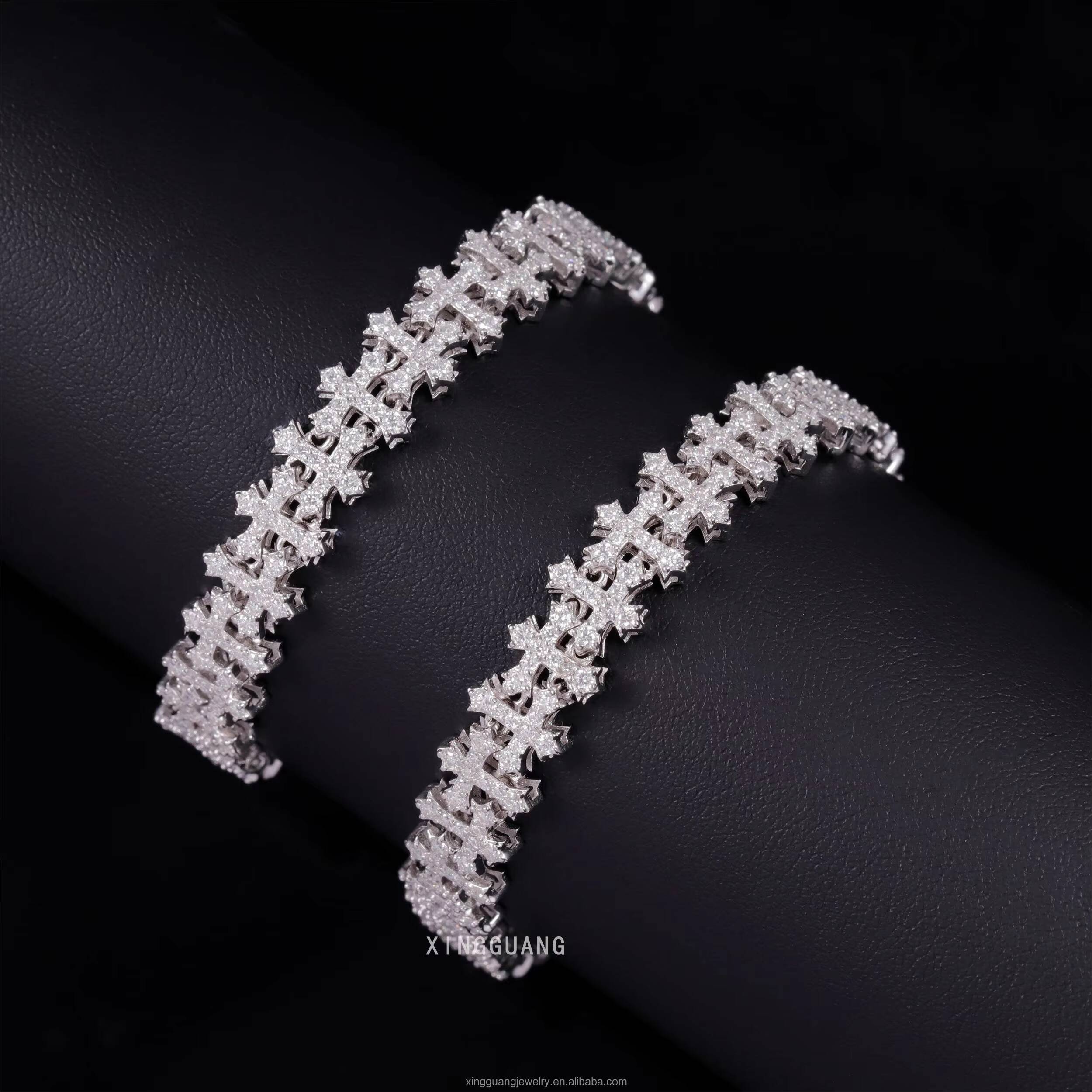 Fashion Best Selling Prong Setting 18k White Gold Plated Iced Out Jewelry Moissanite Diamond Hip Hop Cross Cuban Link Bracelet