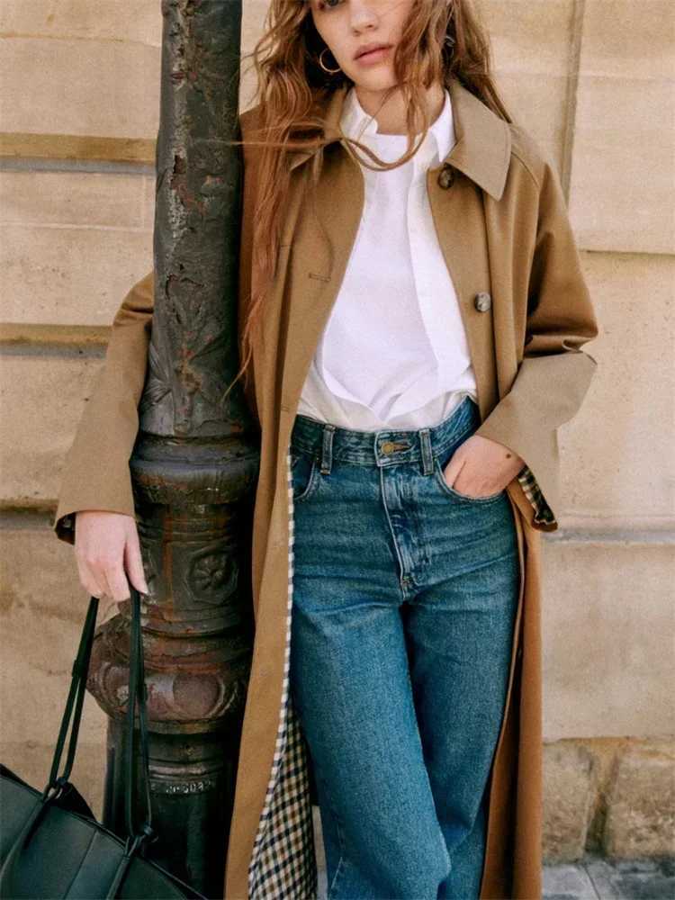 Contrast Color Plaid Women French Long Trench Coat TurnDown Collar Lady SingleBreasted MidLength Windbreaker Jacket Tops F250915