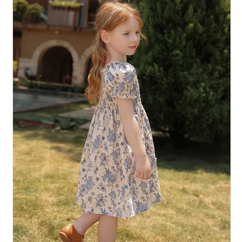 New Summer Clothes Baby Girls Princess Dresses Puff Sleeve Blue Flower Toddlers Vacation Kids Cotton Cute Dress Casual Outfit C250916