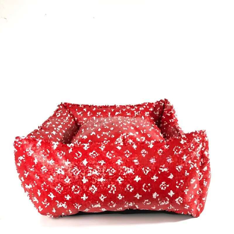 Designer Kennel with Classic Letter Pattern Lounge Extra Heavy Duty Bolstered Sides Vintage Faux Leather Dog Mat Beds Small Red M06 Free shipping