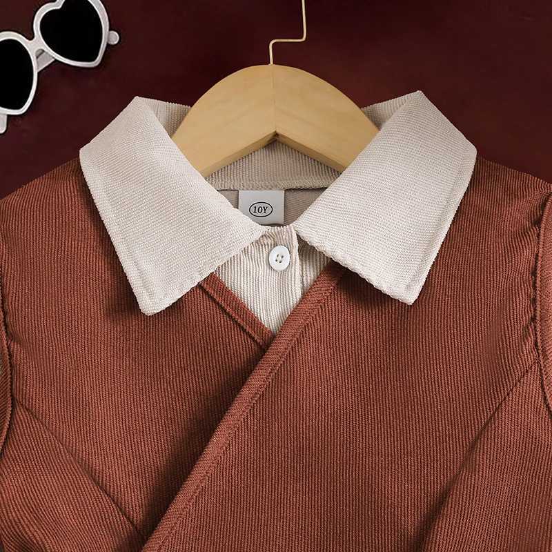 New Autumn 2PCS Kids Clothing Brown Vest Beige Turn Down Collar Long Sleeve ALine Dress For Girls 812 Years Korean Style C250916