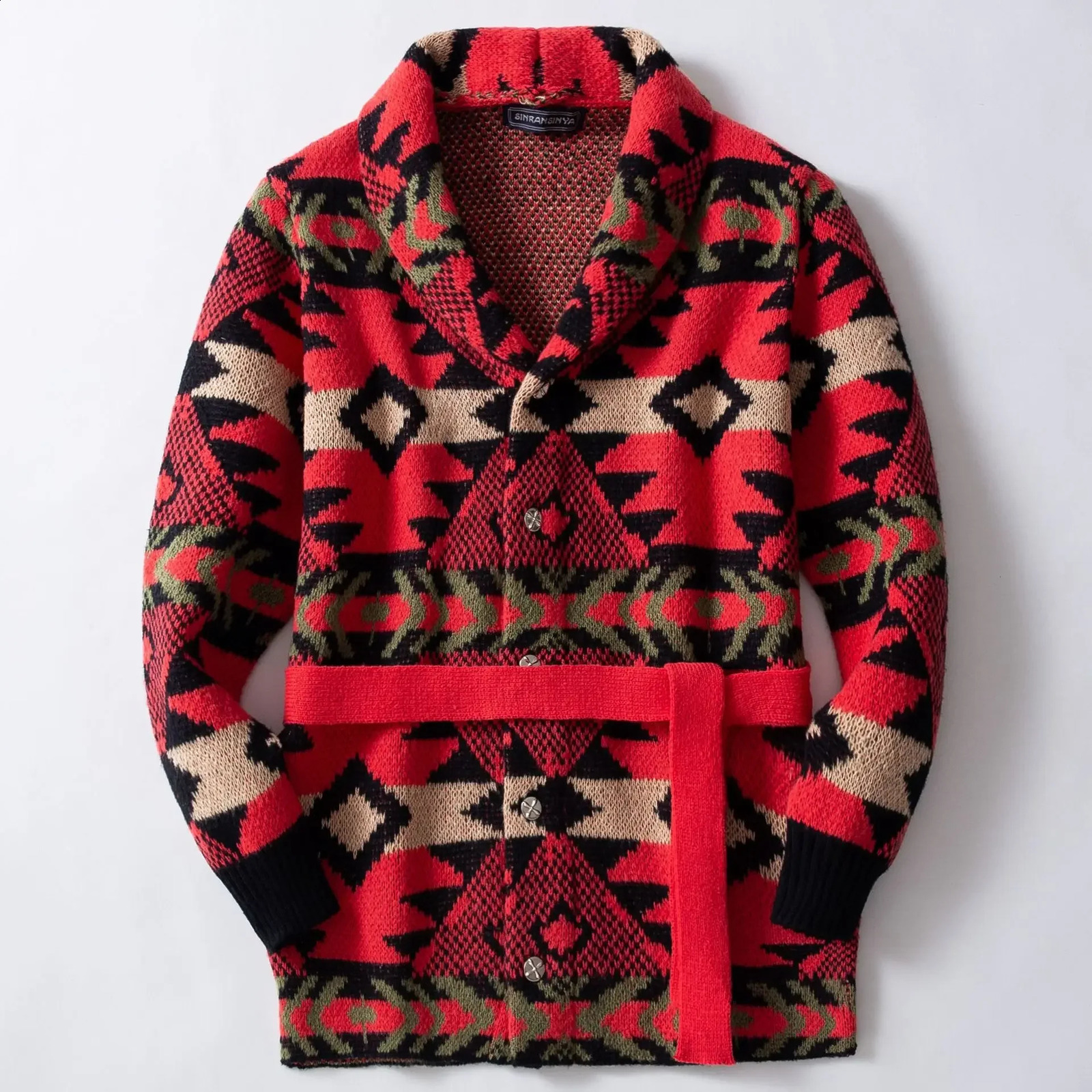 Men Coats Cardigan Sweaters Mid Length Coat Turn Down Collar Full Sleeve Print Casual Lace Up Belt Splice Autumn Winter 250915 - view 4