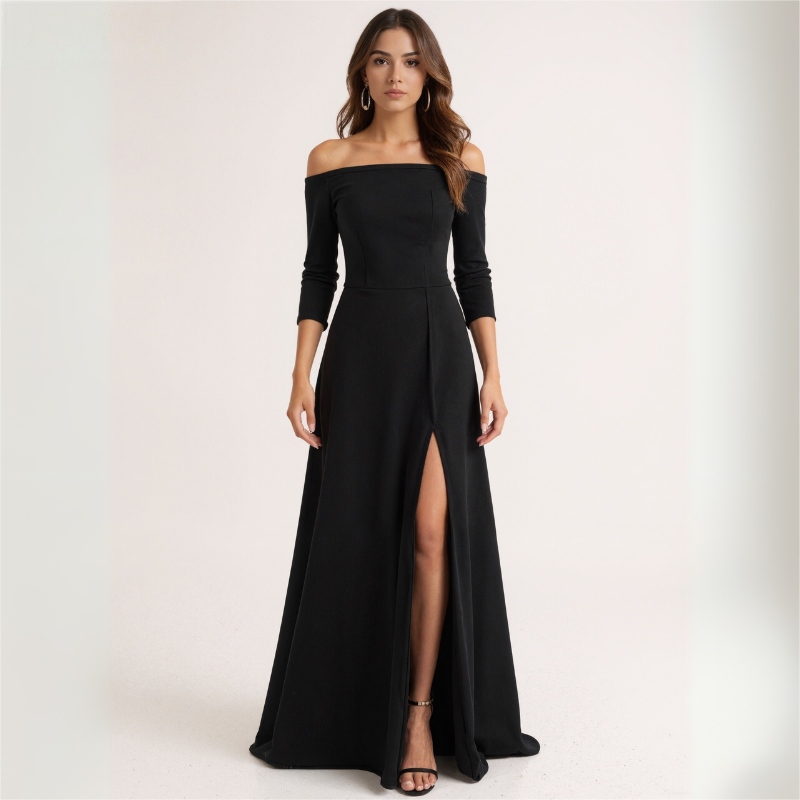 Women's Autumn Winter New Off Shoulder Split Evening Dress Elegant Solid Color Long Party Gown CF55068
