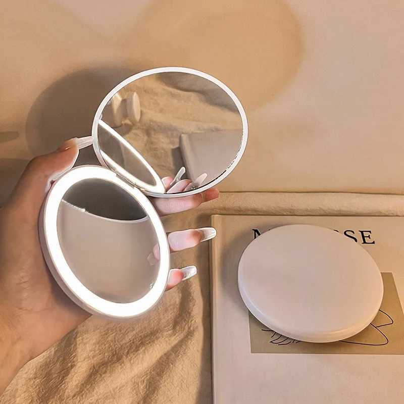 Makeup mirror portable small mirror with light led makeup mirror pocket mini handheld luminous folding round mirror C250916