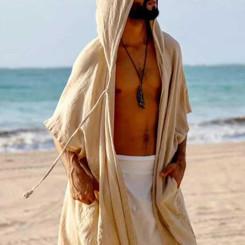 Mens Summer Midlength Cardigans Loose Casual Sun Protection Clothes Beach Holiday Style Loose Shawl Coat Male Long Hooded Cape W250916