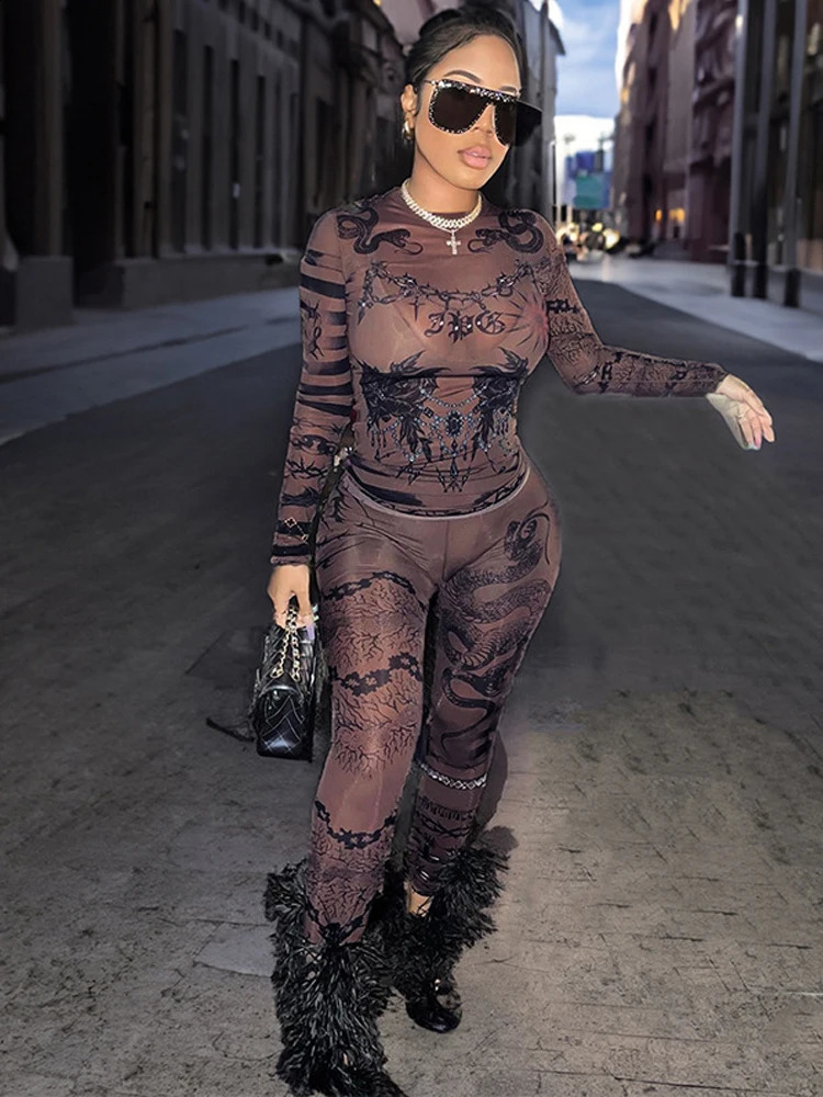Weird Puss Dragon Print Sexy Women Tracksuit See Through 2 Piece Set Hipster Crop TopsLeggings Stretch Streetwear Matching Suit 250916