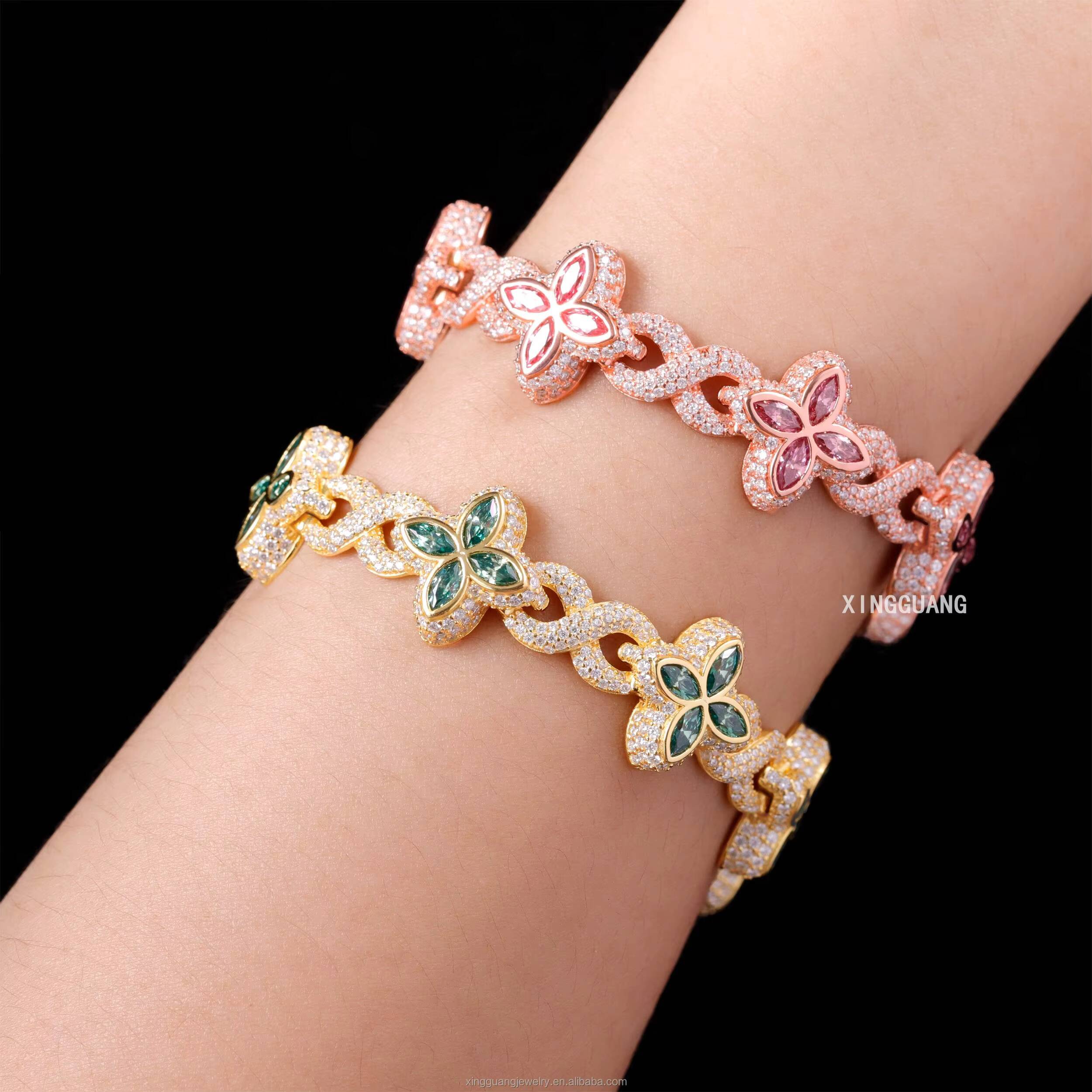 New Arrival Fancy pink Green Diamonds Moissanite Clover Charms Infinity Cuban Links Bracelet S925 Silver Cuban Chain Jewelry