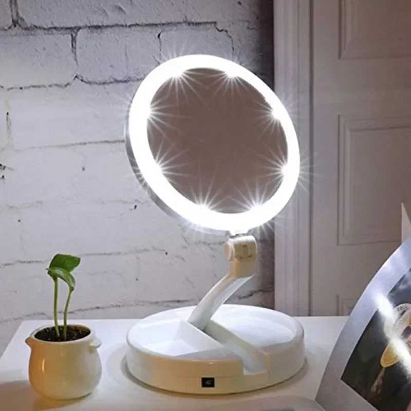 Makeup Mirror With Light White LED Folding Portable Rotating 10x Magnifying Double Side Storage Tabletop Batteries USB Charging C250916