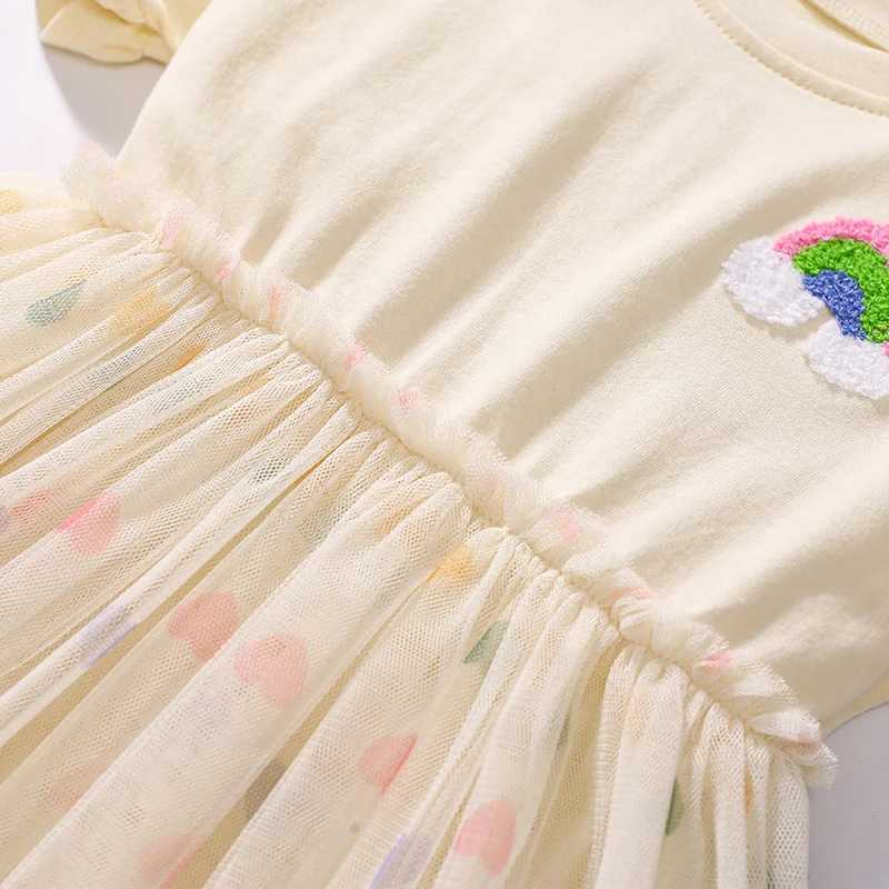 Little maven Baby Girls 2025 New Summer Kids Clothes Childrens Clothing Cotton Embroidered Cartoon Rainbow Mesh Dresses Gifts C250916