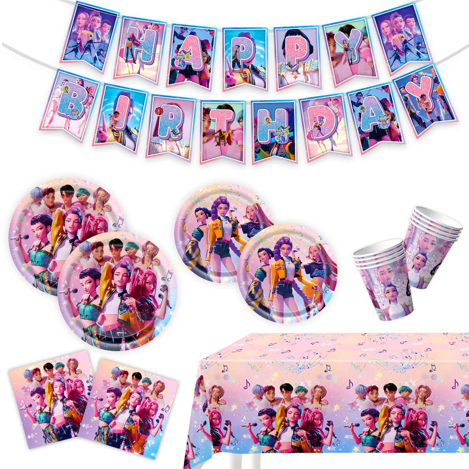 KPop Girl Demon Hunter Birthday Party Decorations Purple Disposable Tableware Anime Pink Balloons Backdrop Banner Cake Toppers Decor