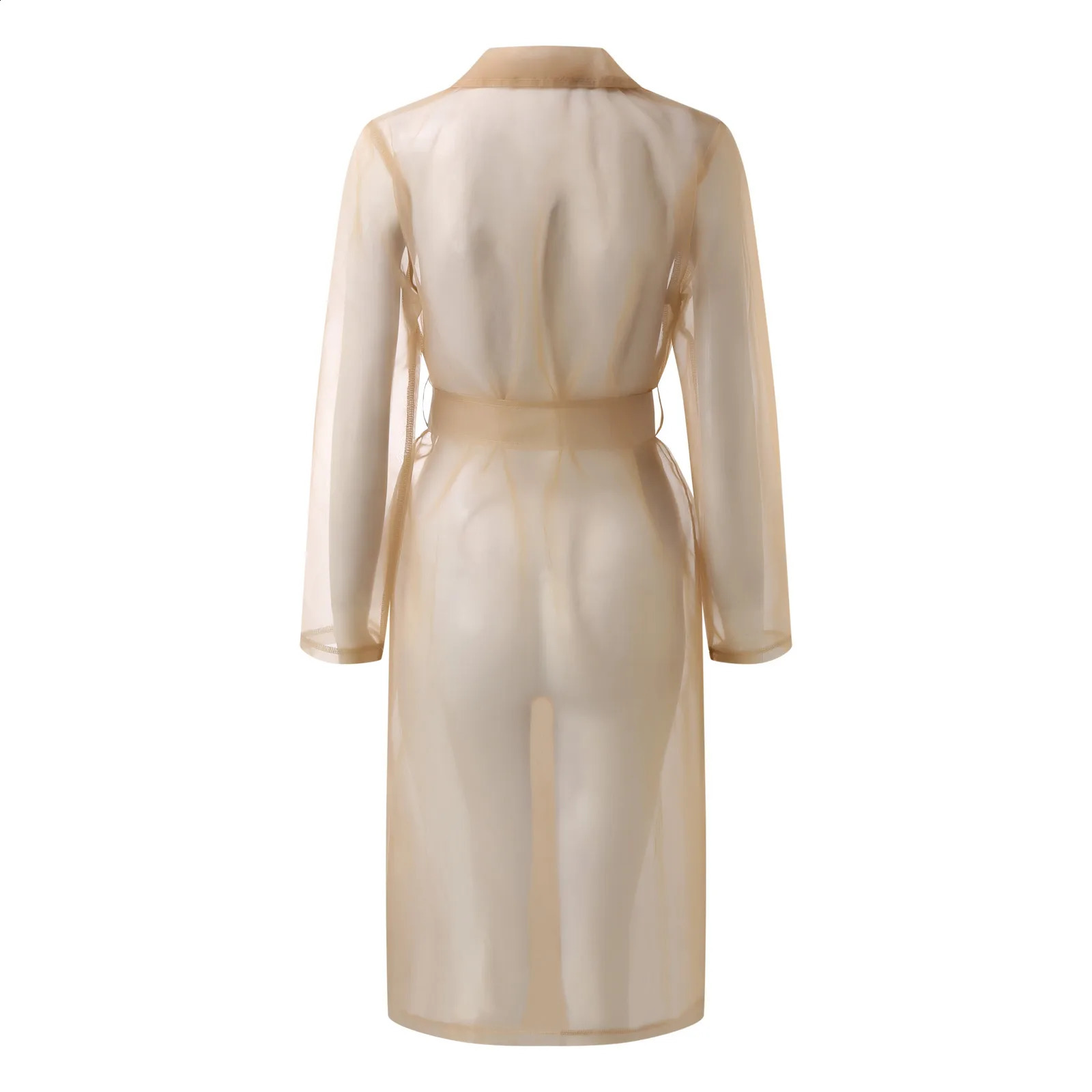 Jackets For Womens Mesh Transparent Overcoat Long Sleeve Buttoned Coat With Belt Turndown Collar Light Weight 250906