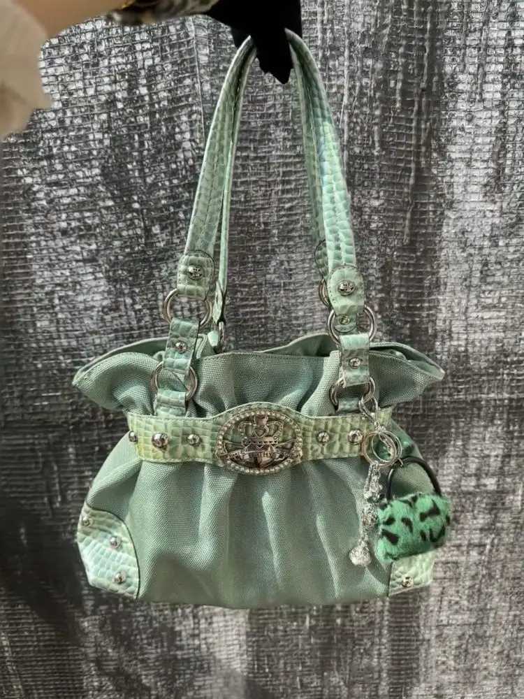 Sweet Cool Green Underarm Bag Y2k Hot Girls Pu Leather Large Capacity Shoulder Tote Bag Women Fairycore Aesthetic Handbag Chic L250916
