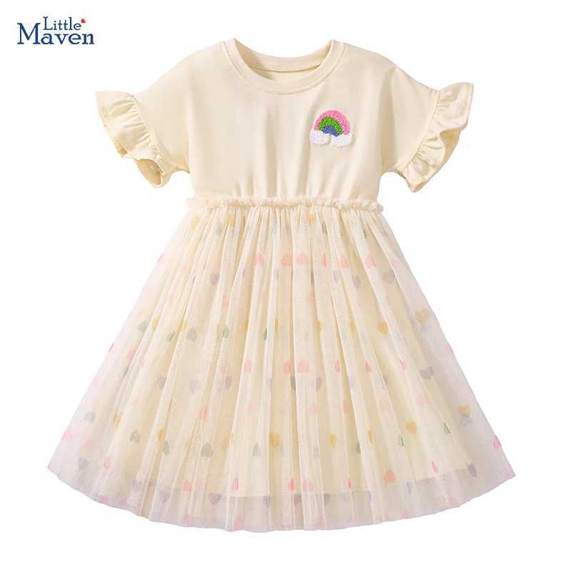 Little maven Baby Girls 2025 New Summer Kids Clothes Childrens Clothing Cotton Embroidered Cartoon Rainbow Mesh Dresses Gifts C250916