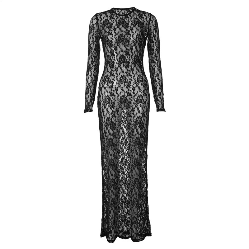 New bestselling womens sexy hollow out lace pattern perspective slim fit long dress 250103