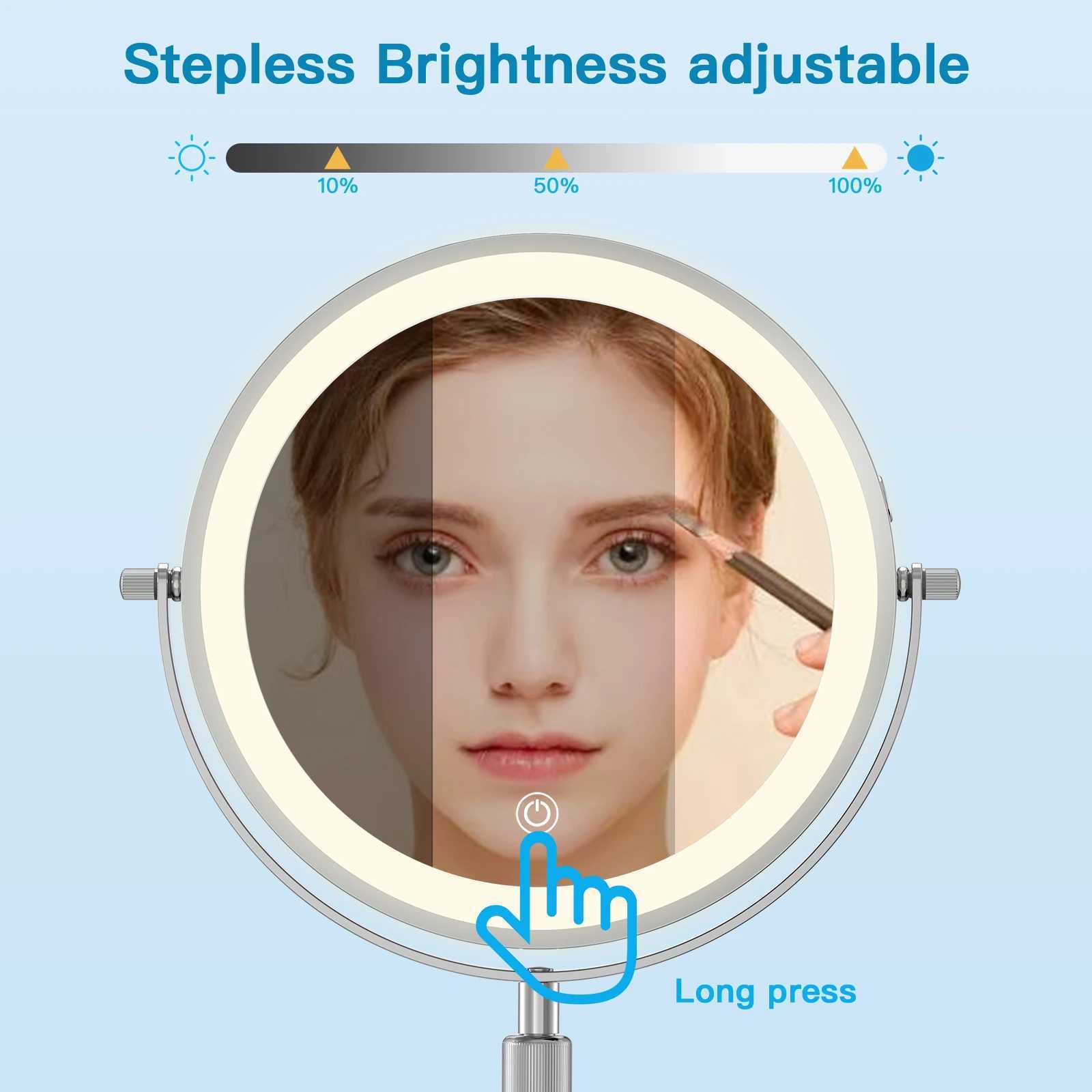 8 Inch Makeup Mirror With Light Lamp 10X Magnification 3 Color LightsAdjustable Brightness Height Standing Cosmetic Mirror Y2509161