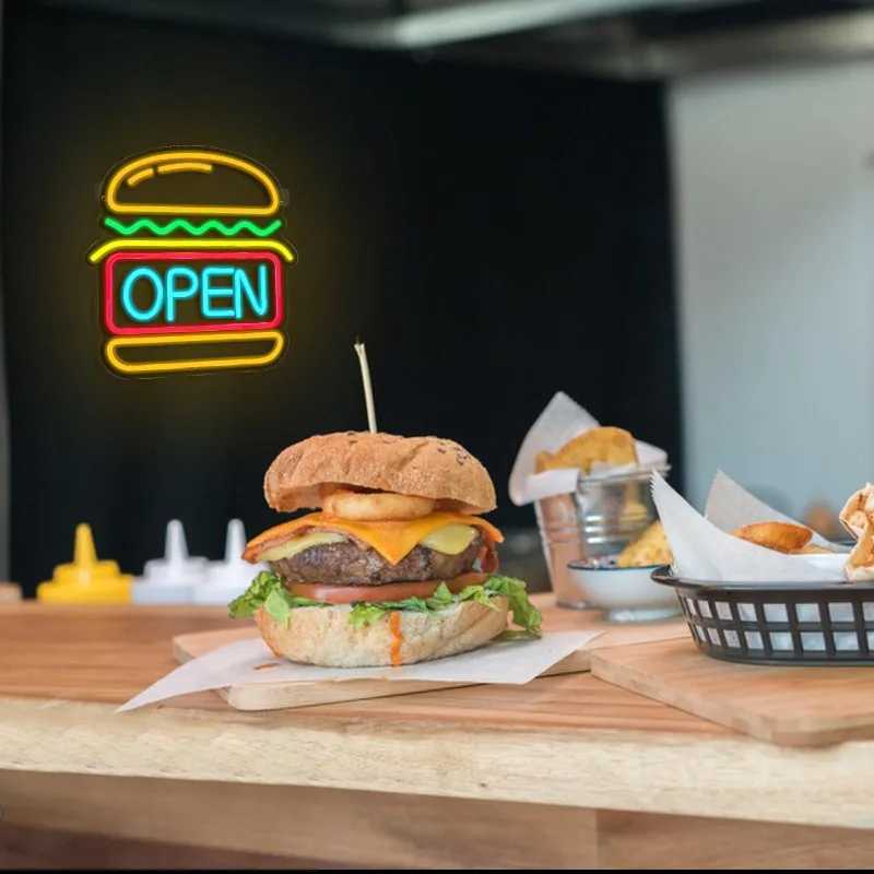 Burger and Sand Neon Sign Hamburger Shop LED Neon Light Fast Food Business Signs for Restaurant Kitchen Party Dimmable Light Y250916