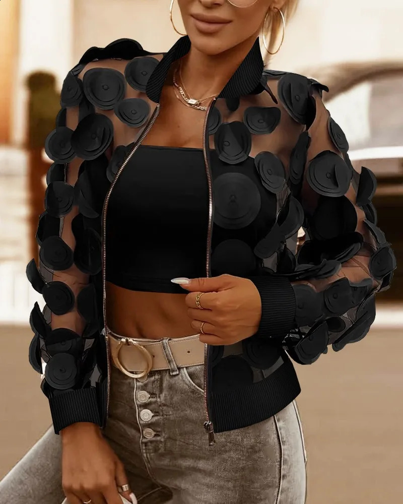Spring Womens Mesh Jacket Fashion Appliques Sheer Baseball Collar Coat Zip Up See Through Casual Long Sleeve 250906