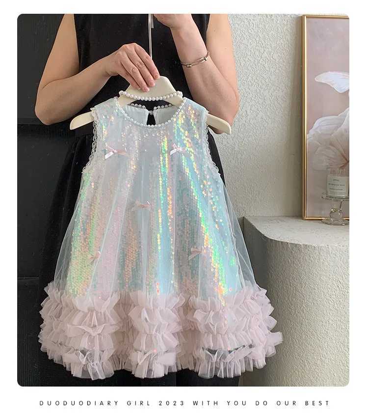 Kid Girl Sleeveless Dress Pearl Embellished Neckline Delicate Pink Bowknot Accents The Bodice Layered Ruffled Children Skirt C250916