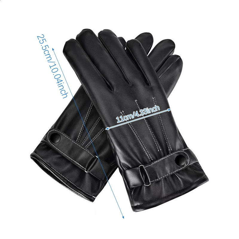 Men Winter PU Leather Black Gloves Button Warm Mittens Outdoor Sports Driving Skiing Mens Windproof Gloves Winter Supplies 250915