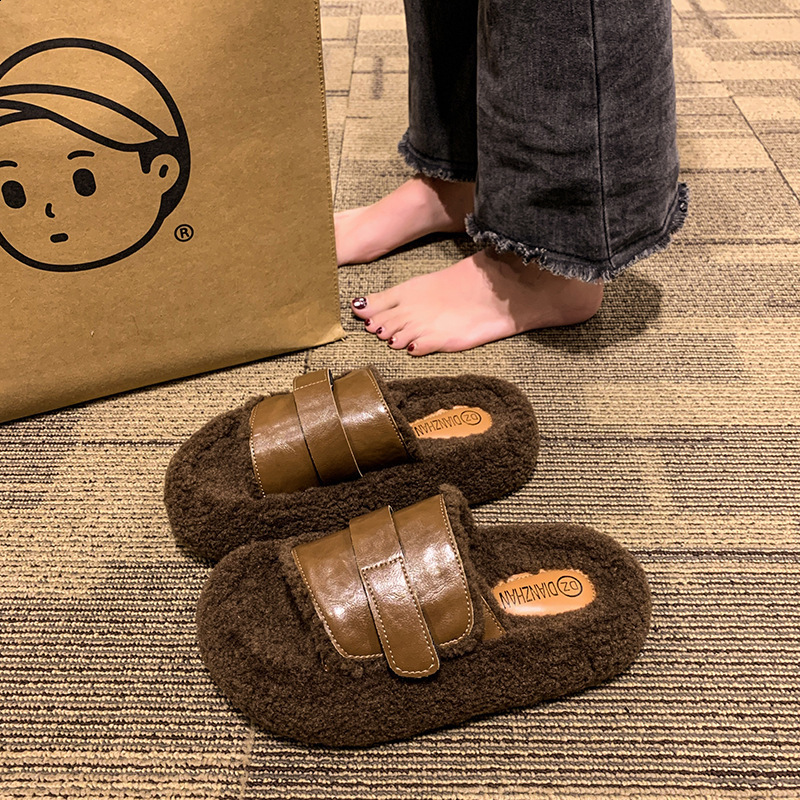 Flats Platform Cotton Slippers Women Fur Mules Shoes Winter Plush Warm Slides 2025 Trend Casual Snow Boots Soft Leather Cozy 250106