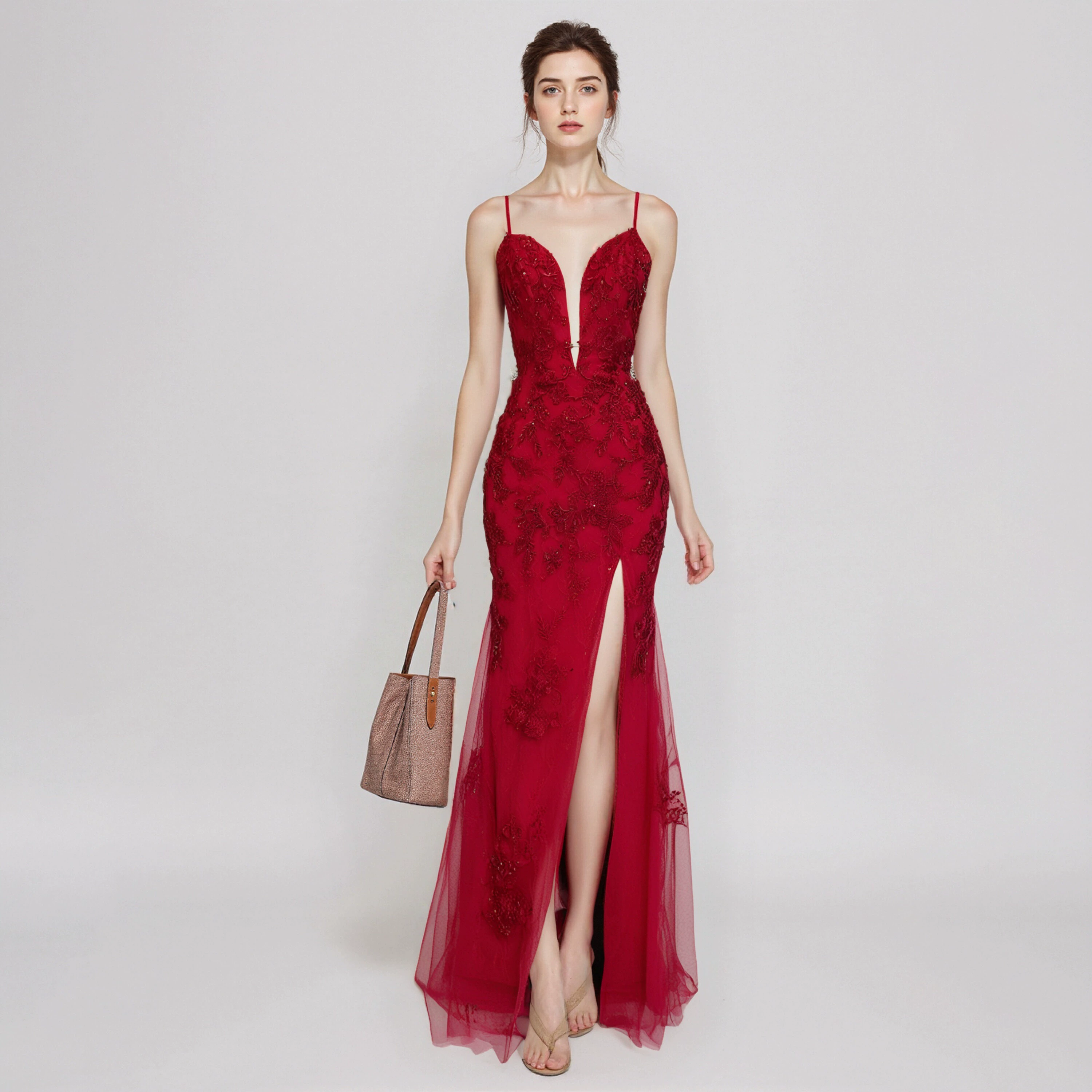 Evening Dresses Red Lace Sequin Spaghetti Strap Mermaid Evening Gown - Plunging V - Neck Formal Prom Dress with Side Slit