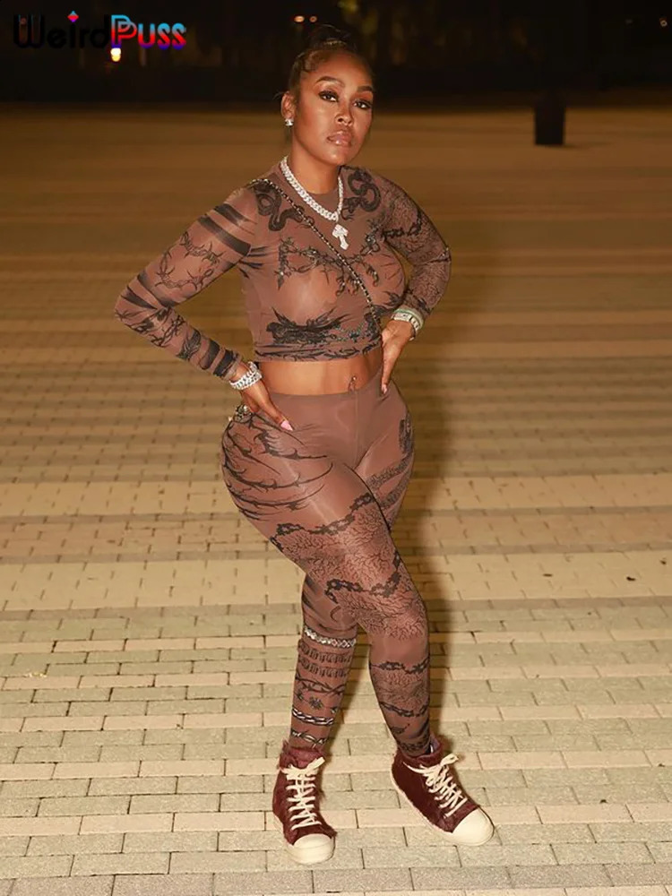 Weird Puss Dragon Print Sexy Women Tracksuit See Through 2 Piece Set Hipster Crop TopsLeggings Stretch Streetwear Matching Suit 250916