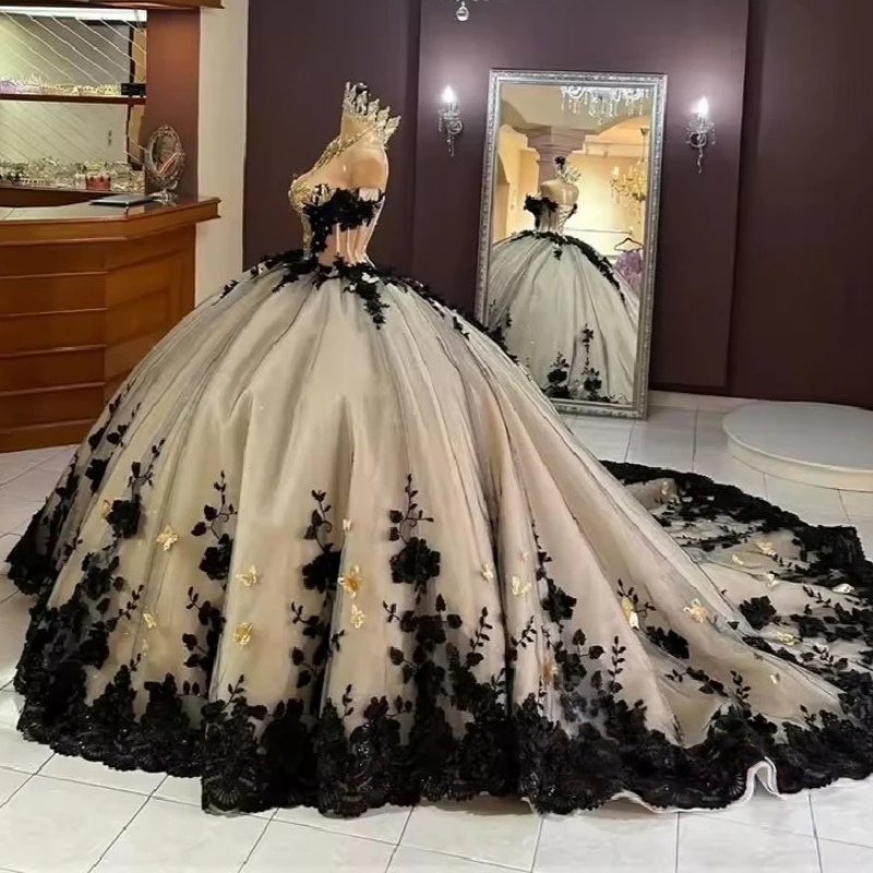 Black Quinceanera Dresses Ball Gown Birthday Gown Beads Crystals 3D Appliques Vestidos De 15 Anos Sweet 16 Dress