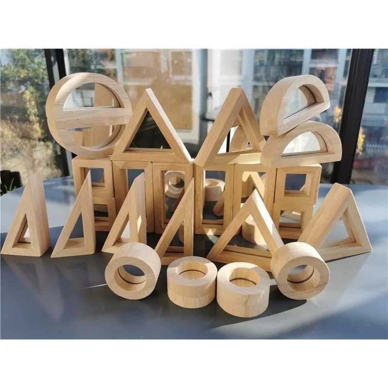 Kids Montessori Wooden Toy Sensory Rainbow Mirror Blocks Solid Rubber Wood Stacking Acrylic Building Stacker Educational Play C250916