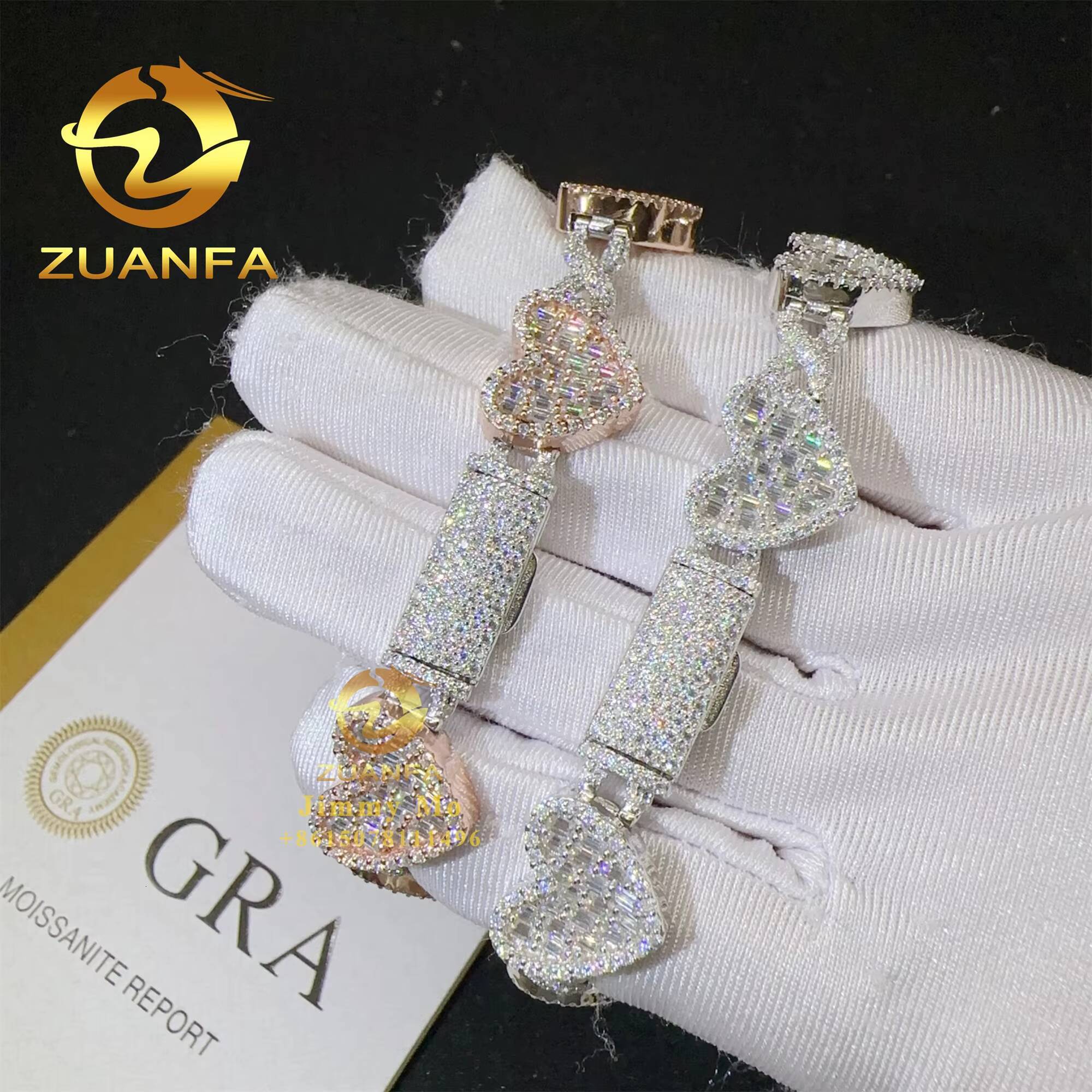 Drop Shipping Price 14mm Width 925 Silver Iced Out Hip Hop Jewelry VVS1 Moissanite Diamond Heart Shape Hip Hop Cuban Bracelet