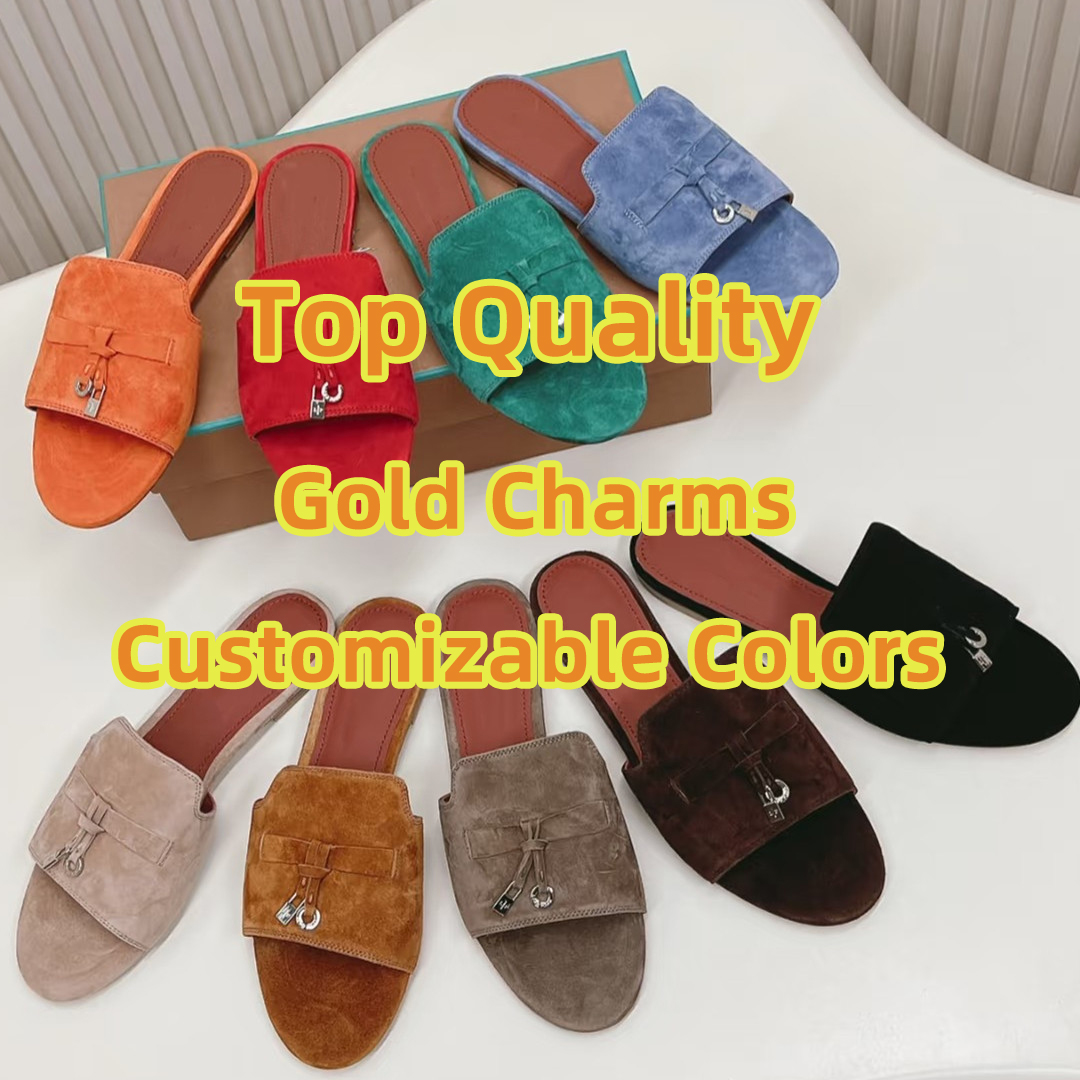 2025 Luxury Designer Slippers Womens Summer Walk Charms Sandals Sexy Loafers 100% Suede Top Grade Sandal Slides Scarpette da donna Pantoufles pour femme Woody Mules
