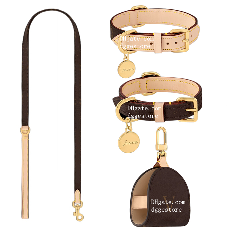 Designer Dog Collars Leash and Dog Bags Holder Classic Printed Two Layers of Leather Collar Soft Durable Adjustable Collar and Leash for Small Medium Large Dogs B320